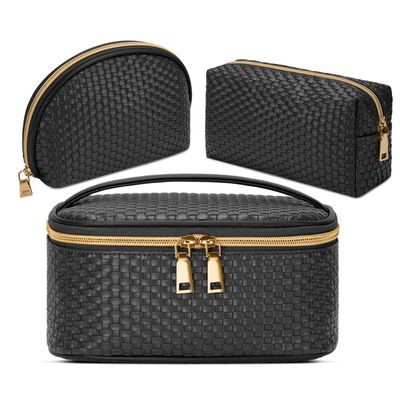 KTMOUW Makeup Bag 3 Pcs waterproof Cosmetic Bag Portable Travel Cosmetic Bag Weave Organizer storage bag (Black)