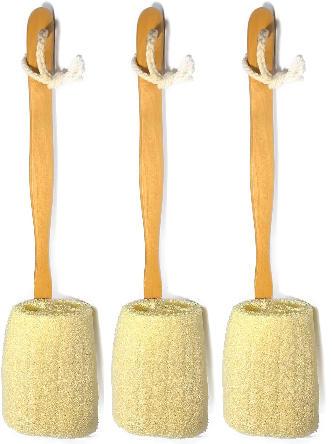 3 Pack Natural Exfoliating Loofah luffa loofa Bath Brush On a Stick - with Long Wooden Handle Back Brush for Men &amp; Women - Shower Sponge Body Back Scrubber