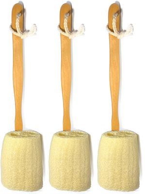 3 Pack Natural Exfoliating Loofah luffa loofa Bath Brush On a Stick - with Long Wooden Handle Back Brush for Men &amp; Women - Shower Sponge Body Back Scrubber