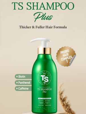TS Shampoo plus 500ml (16.9oz) for hair thinning Hair with Biotin+Pantenol+Caffein for Fuller Healthy Hair and Scalp, Provides Vital Elements for Hair. No Sulfate, No Artificial Fragnace or Color.