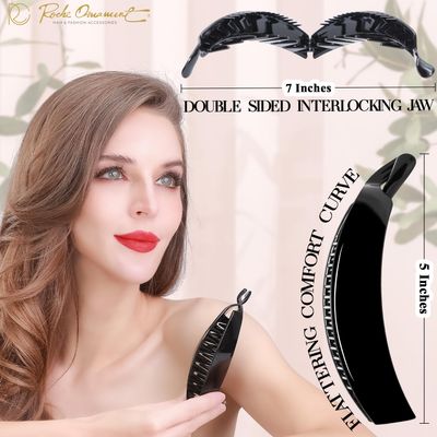 RC ROCHE ORNAMENT 6 Pcs Womens Premium Plastic Interlocking Teeth Bold French Banana Hair Clip For Super Thick Hair Strong Hold No Slip Ponytail Maker Fashion Accessory Clamps, Large Black