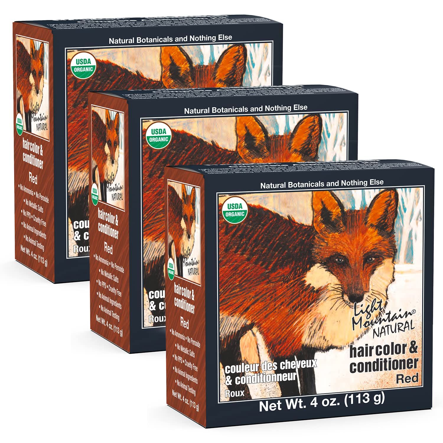 Light Mountain Henna Hair Color &amp; Conditioner - Red Hair Dye for Men/Women, Organic Henna Leaf Powder and Botanicals, Chemical-Free, Semi-Permanent Hair Color, 4 Oz (Pack of 3)