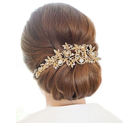 EVER FAITH Women's Bridal Hair Accessories Austrian Crystal Zircon Flower Leaf Cluster Bride Side Comb Clear Gold-Tone