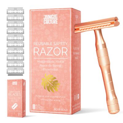 Jungle Culture Safety Razor with 10 Double Edge Blades  Single Blade Metal Razors for Women &amp; Men for Body &amp; Face  Eco Friendly &amp; Reusable Shaver  Rose Gold