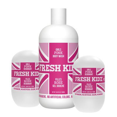 Fresh Kidz Body Wash 16.9 fl.oz. and 2 Roll On Deodorants 1.86 fl.oz. for Kids and Teens - Girls Pink Set