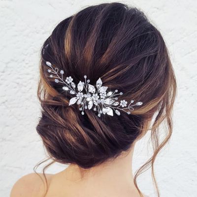 JEAIRTS Leaf Bride Wedding Hair Comb Rhinestone Pearl Bridal Headpiece Sparkly Crystal Hair Accessories for Women(1-Silver)