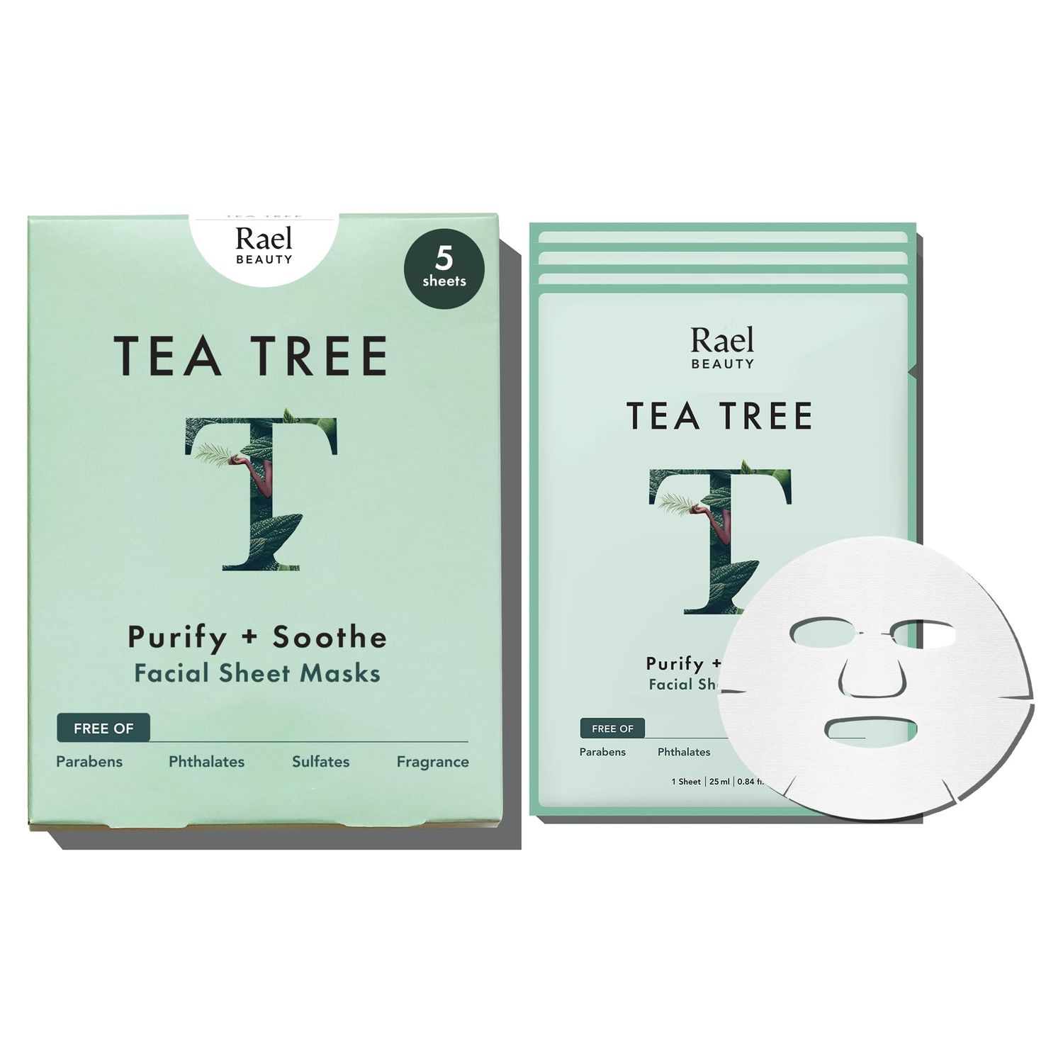 Rael Face Mask Skin Care, Tea Tree Face Masks - Bamboo Facial Sheet Mask, Korean Skincare, with Tea Tree Oil and Fruit Extracts, All Skin Types (Tea Tree, 5 Sheets)