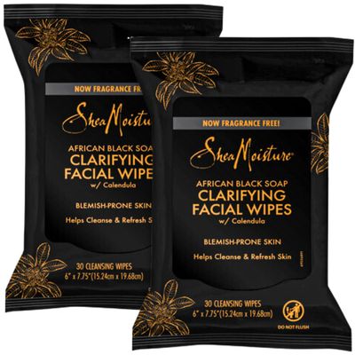 Shea Moisture Makeup Remover Face Wipes, African Black Soap, With Tea Tree Oil &amp; Calendula, Removes Makeup &amp; Dirt to Clarify Oily Blemish Prone Skin, Pack of 2, 30 Wipes Per Pack