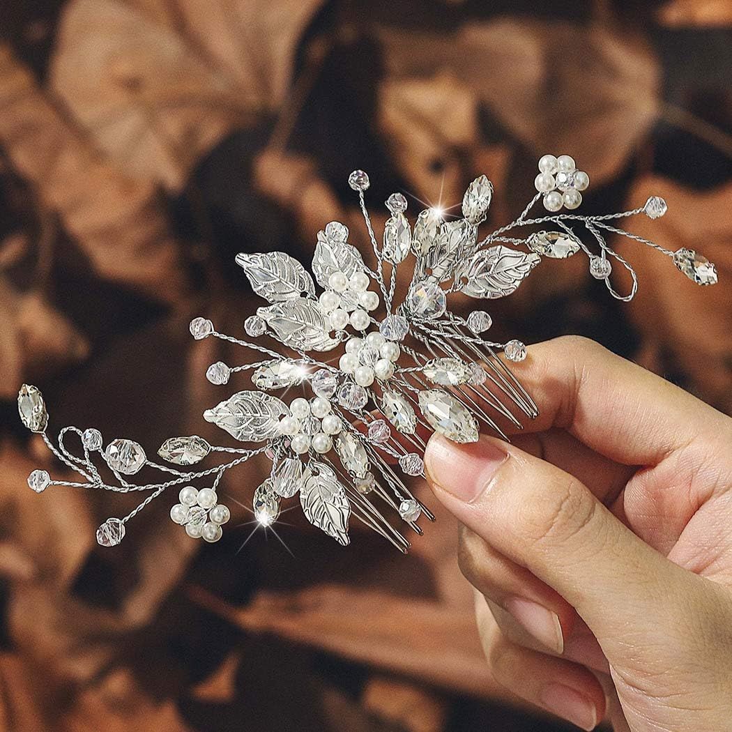 JEAIRTS Leaf Bride Wedding Hair Comb Rhinestone Pearl Bridal Headpiece Sparkly Crystal Hair Accessories for Women(1-Silver)