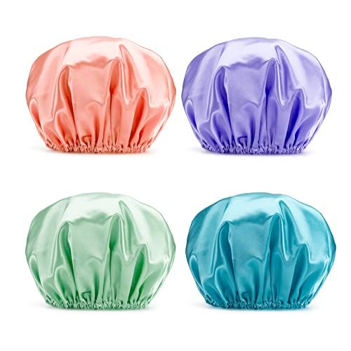 AmazerBath Shower Caps for Women, 4 PCS Waterproof Bath Caps, Elastic and Reusable Shower Hair Cap, Double Layers Hair Cap, Environmental Protection Bathing Hat