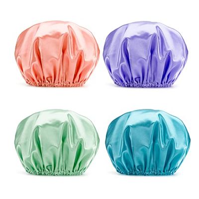 AmazerBath Shower Caps for Women, 4 PCS Waterproof Bath Caps, Elastic and Reusable Shower Hair Cap, Double Layers Hair Cap, Environmental Protection Bathing Hat