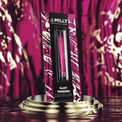 By MILLY Professional Slanted Tweezers for Women and Men | High Carbon Stainless Steel Sharp Tweezers | Tweezers for Women Facial Hair Plucking, Hand-Filed &amp; Aligned Precision Slant Tips - Pink
