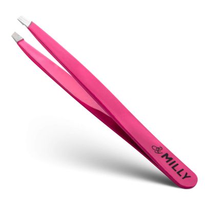By MILLY Professional Slanted Tweezers for Women and Men | High Carbon Stainless Steel Sharp Tweezers | Tweezers for Women Facial Hair Plucking, Hand-Filed &amp; Aligned Precision Slant Tips - Pink