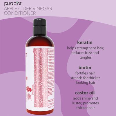 PURA D'OR 16 Oz Apple Cider Vinegar Thin2Thick Conditioner - Biotin, Keratin, Caffeine, Castor Oil &amp; Key Active Ingredients for All Hair Types, Men &amp; Women
