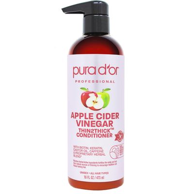PURA D&#39;OR 16 Oz Apple Cider Vinegar Thin2Thick Conditioner - Biotin, Keratin, Caffeine, Castor Oil &amp; Key Active Ingredients for All Hair Types, Men &amp; Women