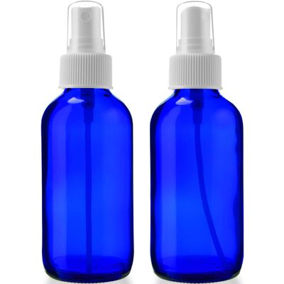 Sally&#39;s Organics 4oz Empty Blue Glass Spray Bottles - Small 4 oz Misters Great for Face Spritz, Essential Oils, Beauty Solutions, and Cleaning Sprayer - Portable Atomizer Spritzer - 2 Pack