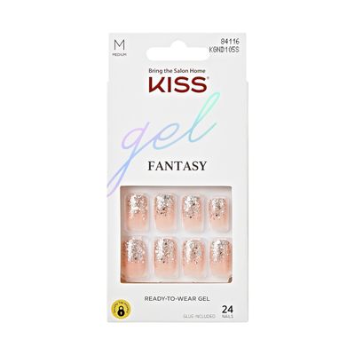 KISS Gel Fantasy Collection Ready-to-Wear Press-On Nails, I Feel You, Medium Length Square Gel Nails Kit with Pink Gel Nail Glue 0.07 Oz, Manicure Stick, Mini Nail File, and 24 Fake Nails