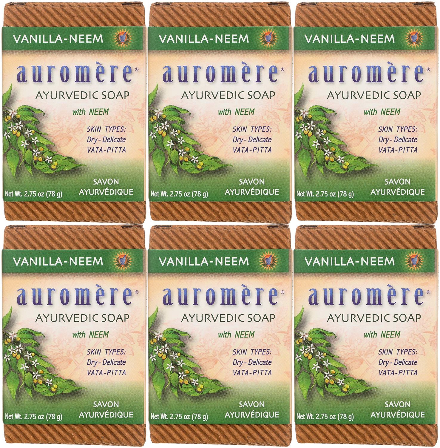 Auromere Ayurvedic Bar Soap, Vanilla Neem - Eco Friendly, Handmade, Vegan, Cruelty Free, Natural, Non GMO (2.75 oz), 6 pack
