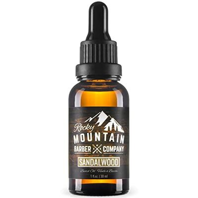 Rocky Mountain Barber Company Mens Sandalwood Beard Oil Featuring Grapeseed Oil, Coconut Oil, Argan Oil and Real Sandalwood Essential Oil
