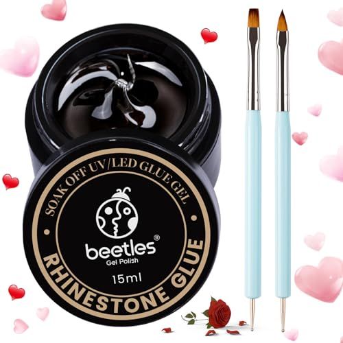 Beetles Rhinestone Glue for Nails Nail Gem Glue for Nail Art Adhesive Resin Gems Diamonds Jewelry Decoration Soak Off Led Lamp with 2 Dual Purpose Brush Pen Gift for Girls