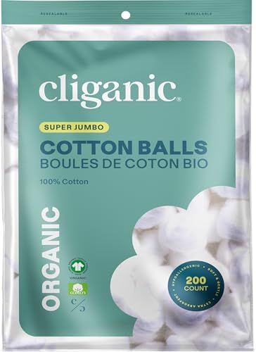 Cliganic Organic Super Jumbo Cotton Balls (200 Count) - Hypoallergenic, Absorbent, Large Size, 100% Pure (Packaging May Vary)