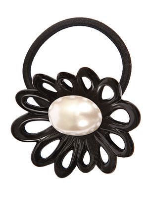 Caravan Hand Decorated French Pony Tail Flower with Large Oval Pearl, Black, .65 Ounce