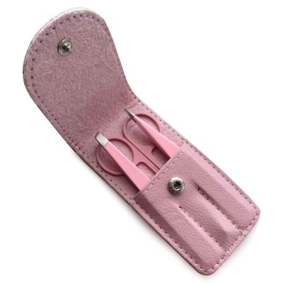 Precision Stainless Steel Eyebrow Tweezers Set In Pointed And Slanted Tip, Curved Brow Scissors, Comes With Pink Travel Case