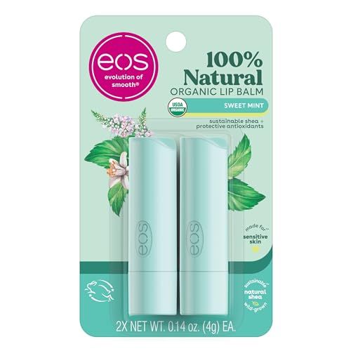 eos 100% Natural &amp; Organic Lip Balm Sticks- Sweet Mint, All-Day Moisture, Dermatologist Recommended for Sensitive Skin, 0.14 oz, 2-Pack