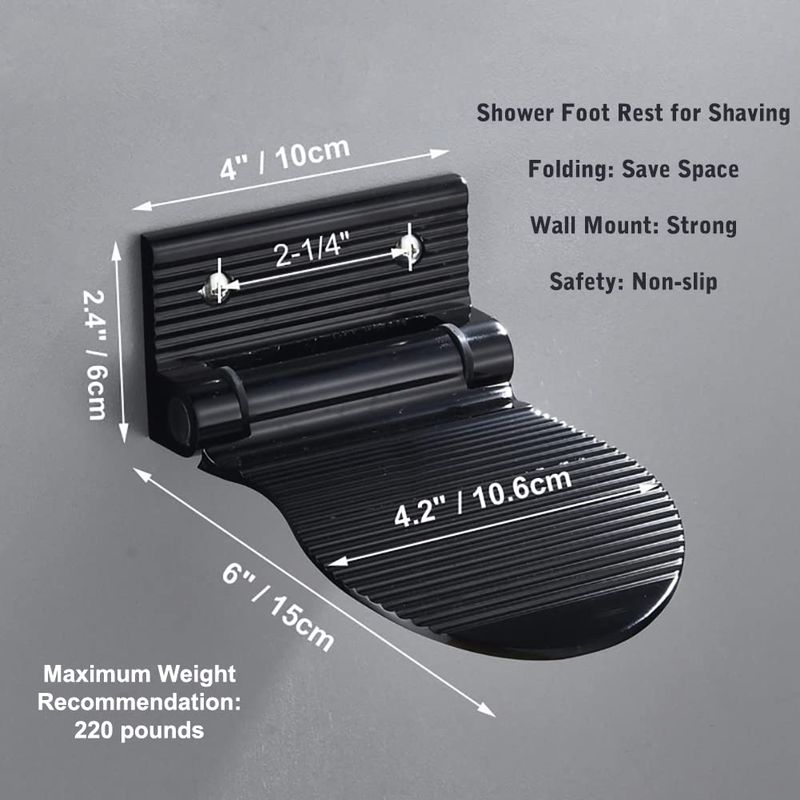 MDPLY Shower Foot Rest for Shaving Legs, Wall Mounted Foot Stool for Shower, Black Metal Folding Foot Stand for Shower, Hotel Bathroom Shower Step for Shaving (Black)