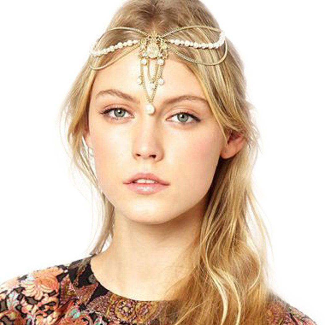 Jovono Pearl Head Chain Gold Headpiece 1920s Gatsby Hair Chain Goddess Hair Accessories for Women and Girls