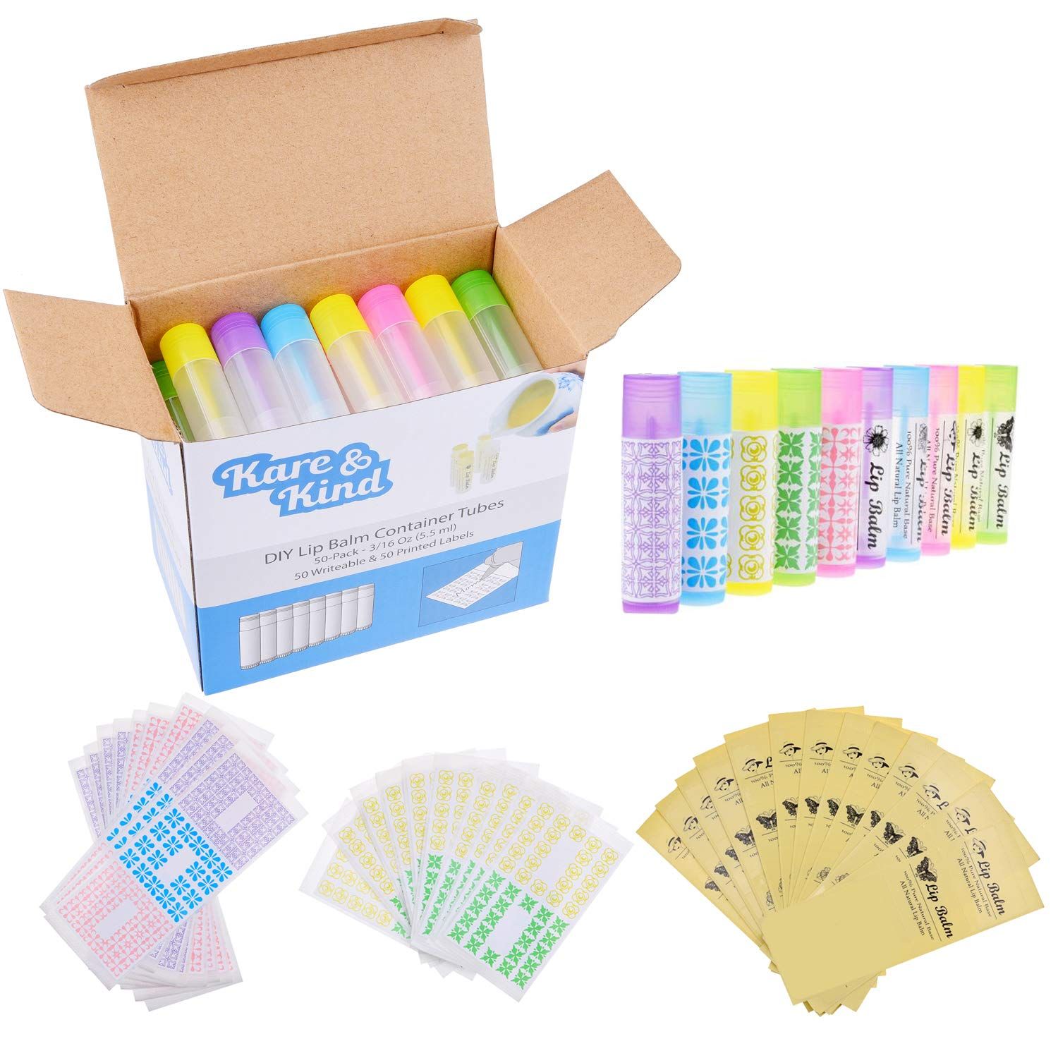 Kare &amp; Kind DIY Lip Balm Container Tubes - 50-Pack (10x5 Colors) - Including 50 Writeable &amp; Printed Lip Balm Stickers - Twist Mechanism and a Cap - 3/16 Oz (5.5 ml) - Moisturizing