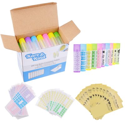 Kare &amp; Kind DIY Lip Balm Container Tubes - 50-Pack (10x5 Colors) - Including 50 Writeable &amp; Printed Lip Balm Stickers - Twist Mechanism and a Cap - 3/16 Oz (5.5 ml) - Moisturizing