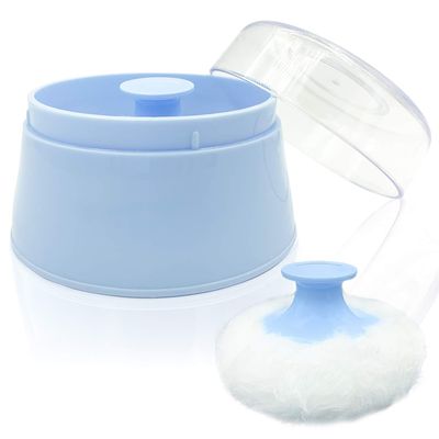 BPA Free Baby Powder Puff Box, Large 2.8&quot; Fluffy Body After-Bath Powder Case, Baby Care Face/Body Villus Powder Puff Container, Makeup Cosmetic Talcum Powder Container with Hand Holder (Blue)