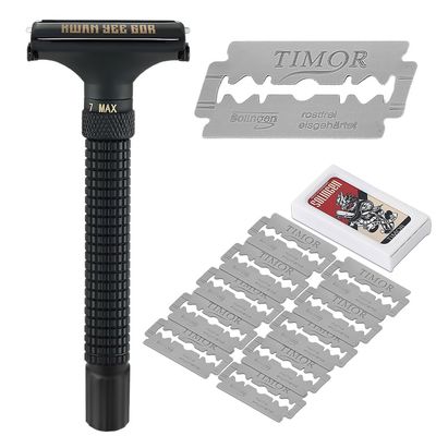 KWAN YEE GOR Adjustable Double Edge Safety Razor with 10pcs German Solingen Stainless Steel Blades,Butterfly Open with Long Handle for Men Black