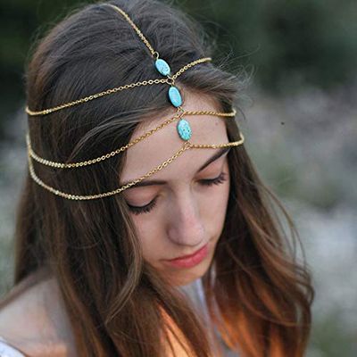 Gangel Gold Turquoise Head Chain Tassel Layered Green Hair Piece Bridal Wedding Fashion Hair Pedant Jewelry Elegant Head Piece Decorative Boho Hair Accessories for Women and Girls