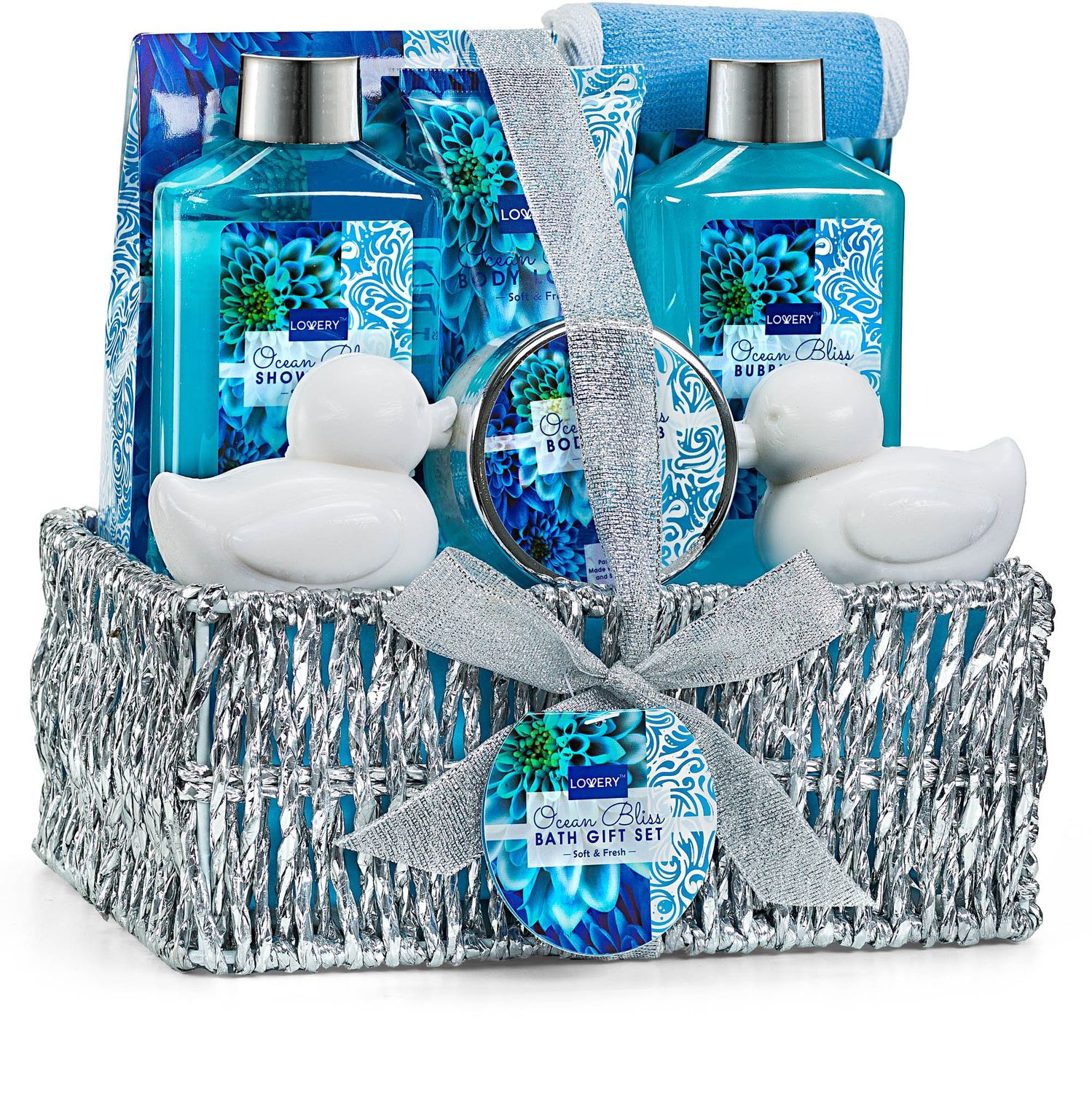 Valentines Day Gift Basket in Heavenly Ocean Bliss Scent - 9pc Bath &amp; Body Set - Shower Gel, Bubble Bath, Bath Salt, Body Lotion &amp; more! Great Wedding, Anniversary, Birthday, Graduation Gift for Women