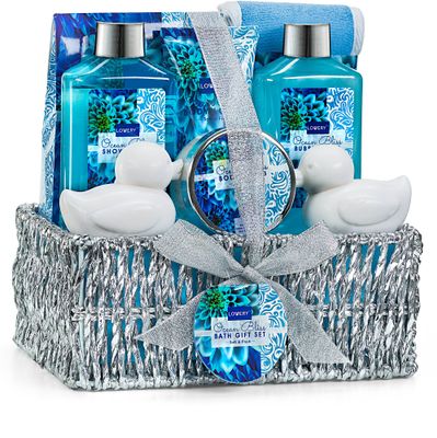 Valentines Day Gift Basket in Heavenly Ocean Bliss Scent - 9pc Bath &amp; Body Set - Shower Gel, Bubble Bath, Bath Salt, Body Lotion &amp; more! Great Wedding, Anniversary, Birthday, Graduation Gift for Women