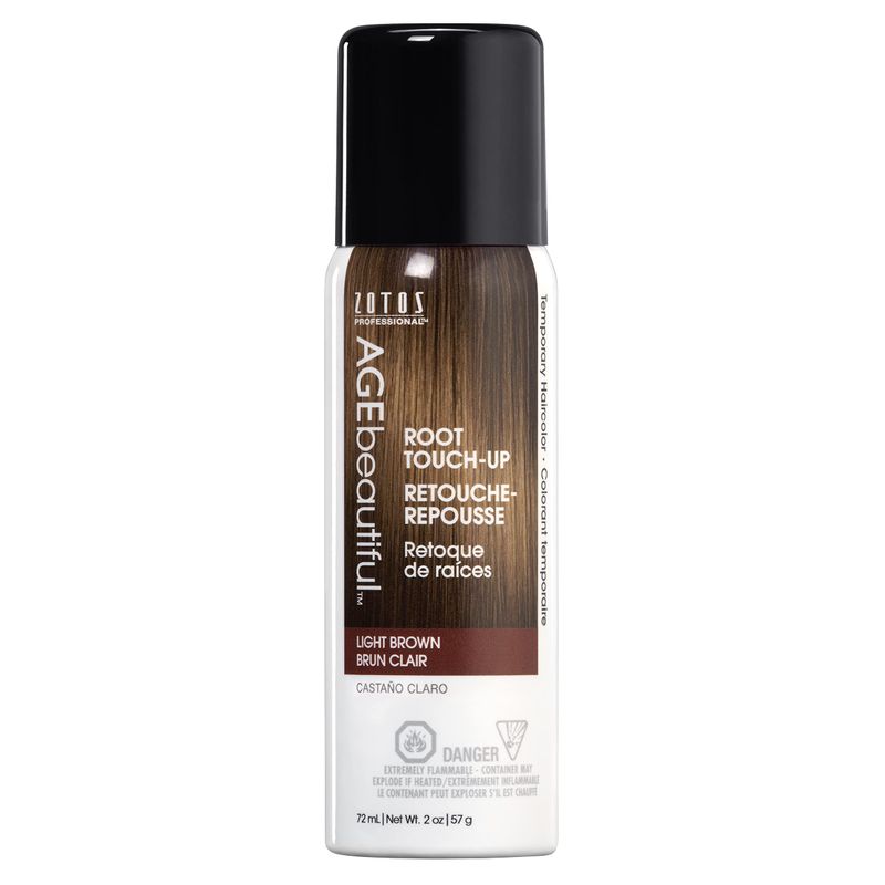 AGE beautiful Root Touch Up Hair Color Spray | Touch-Up Gray Concealer | Temporary Cover Up | Adds Volume &amp; Covers Thinning Patches | Water, Sweat, Stain Resistant | Light Brown | 2 Fl Oz