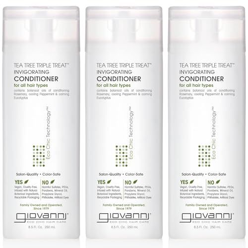 GIOVANNI Tea Tree Triple Treat Invigorating Conditioner - Cooling Peppermint, Eucalyptus, Rosemary, Helps Dry Flaking Scalp, Paraben Free, Helps to Moisturize, Smooth &amp; Detangle- 8.5 oz (3 Pack)