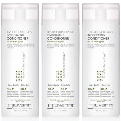 GIOVANNI Tea Tree Triple Treat Invigorating Conditioner - Cooling Peppermint, Eucalyptus, Rosemary, Helps Dry Flaking Scalp, Paraben Free, Helps to Moisturize, Smooth &amp; Detangle- 8.5 oz (3 Pack)