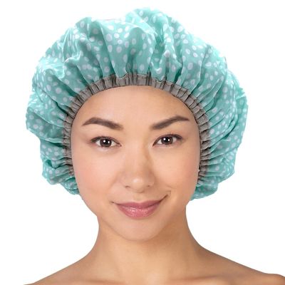 Reusable Nylon Shower Cap &amp; Bath Cap, Reversible Oversized Waterproof Shower Caps Large Designed for all Hair Lengths w Terry Lining &amp; Elastic Band Stretch Hem Hair Hat - Socialite Mint To Be
