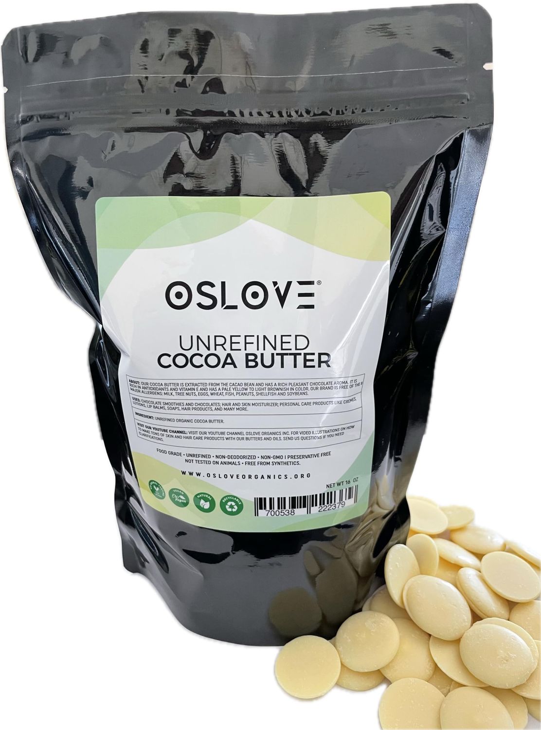 Organic Cocoa Butter 1 LB by Oslove Organics - FOOD GRADE, Raw, Non-Deodorized, Unrefined - For whipped body butter, lotion bars, scar &amp; stretch marks | Delicous Home-made Chocolate | Allergen Free