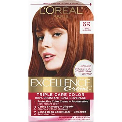 L&#39;Oreal Paris Excellence Creme Permanent Triple Care Hair Color, 6R Light Auburn, Gray Coverage For Up to 8 Weeks, All Hair Types, Pack of 1