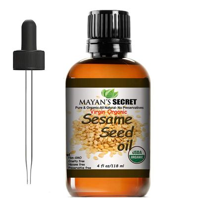 Mayan&#39;s Secret USDA Certified Virgin Organic Sesame Seed Oil Unrefined 100% Pure Natural For Skin, Body, Face, and Hair Growth Large 4oz Glass Bottle