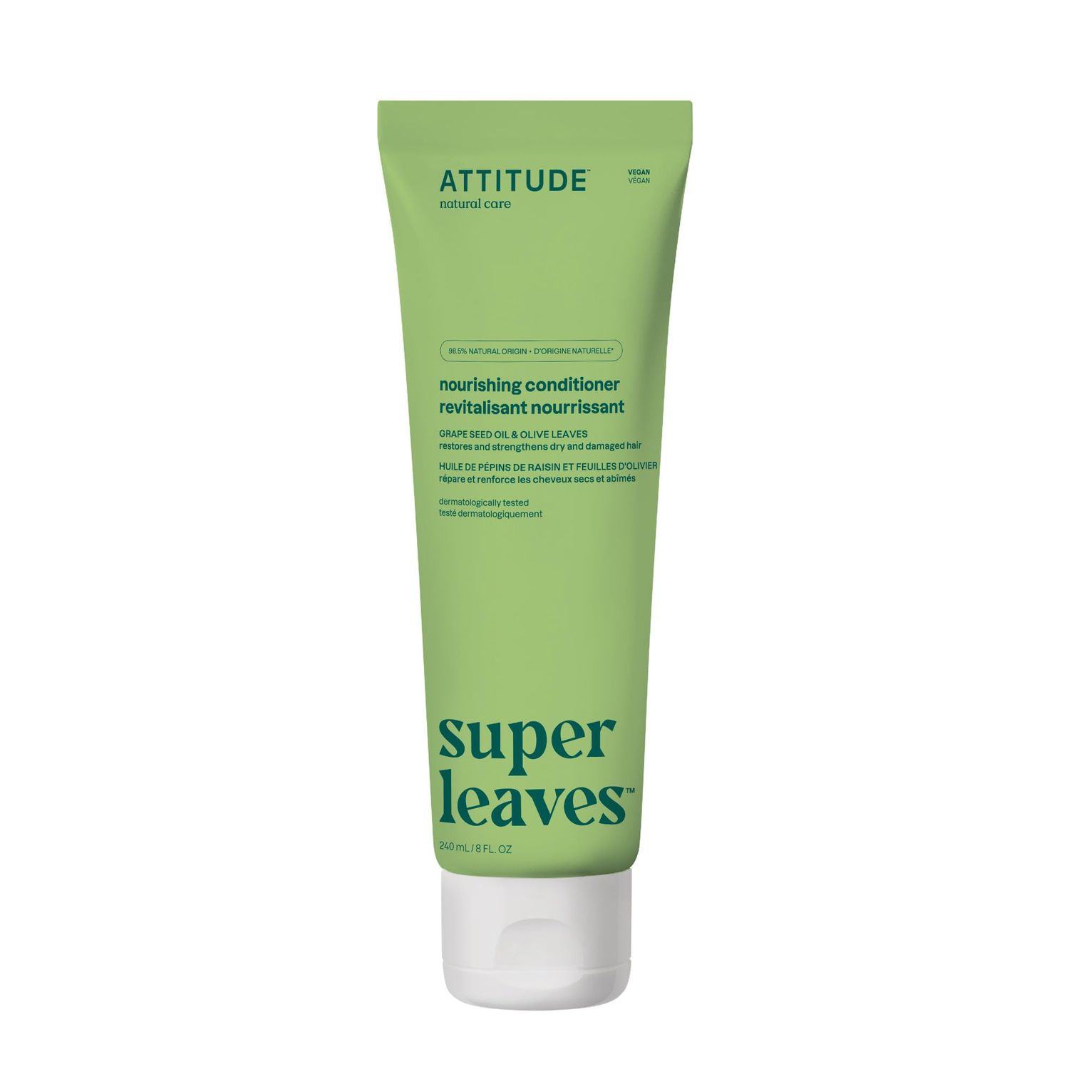 ATTITUDE Nourishing Hair Conditioner, For Dry and Damaged Hair, Naturally Derived Ingredients, Vegan Detangler, Dermatologically Tested, Grapeseed Oil and Olive Leaves, 8 Fl Oz