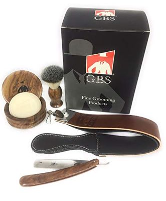 G.B.S Men Professional Shaving Kit Box- Rust Free Stainless Shaving Razor with Wooden Handle, Wooden Soap Bowl, Shaving Brush, Leather Strop, - A Full Package for Mens Shaving