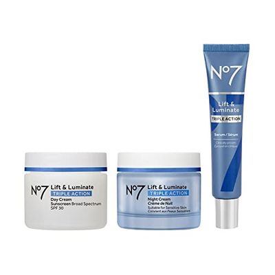 No7 Lift &amp; Luminate Triple Action Skincare Set - Broad Spectrum Anti Aging Day Cream SPF 30 + Vitamin C Wrinkle Serum + Collagen Peptide Brightening Night Cream (3 Piece Kit)