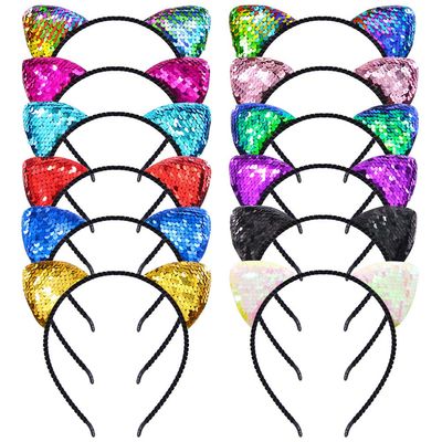 Beinou Reversible Sequin Cat Ears Headband Shiny Cat Ear Hair Hoops Cute Bling Kitty Hairband Hair Accessories for Women Girls Daily Wearing and Party Decoration
