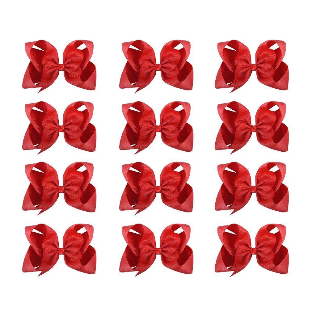 DEEKA 12 PCS 6&quot; Big Hand-made Grosgrain Ribbon Hair Bow Alligator Clips Hair Accessories for Little Teen Toddler Girls - Red