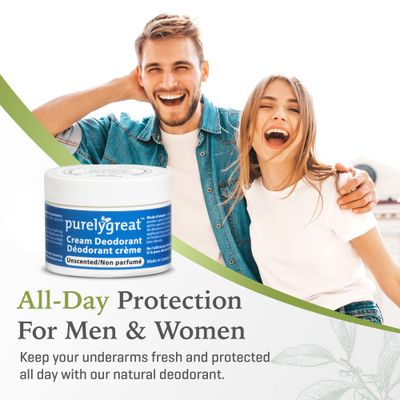 Purelygreat Cream Deodorant, Aluminum-Free, Deodorant Cream for Lasting Odor Control, Vegan, Cruelty-Free Natural Deodorant for Women &amp; Men, Contains No Chemicals, Parabens, or BPA, Unscented, 1.76oz
